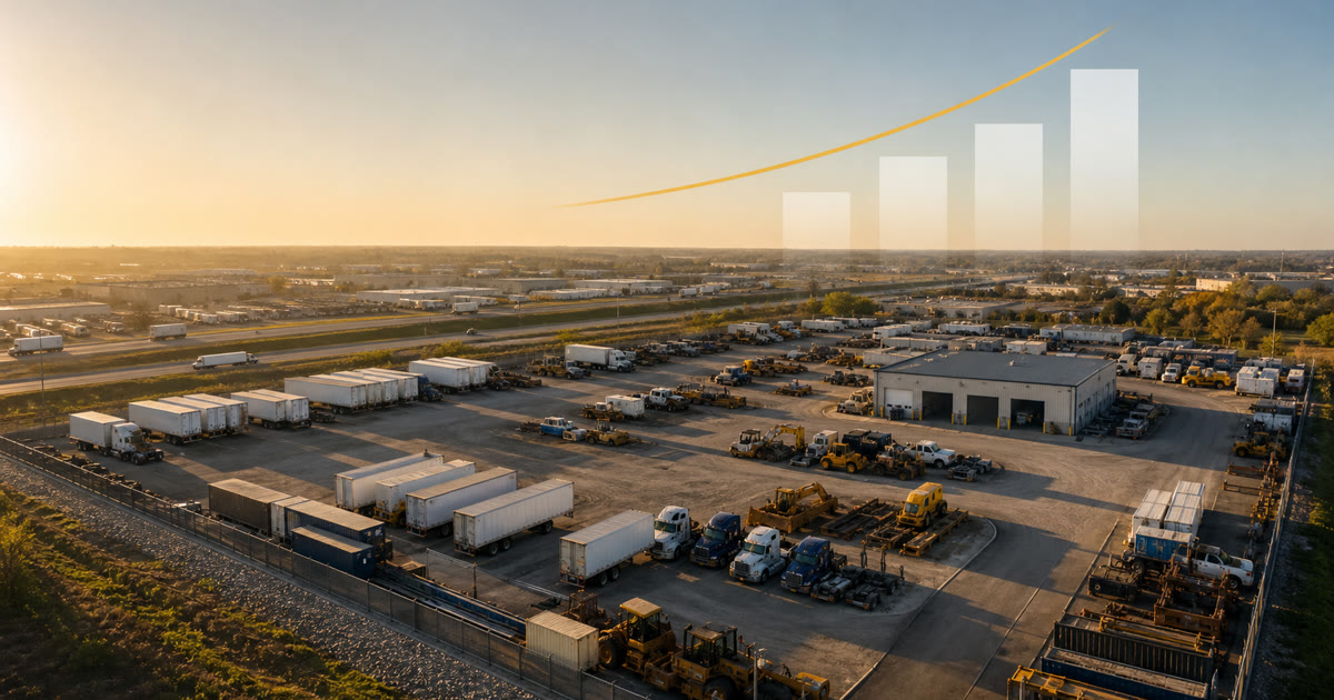 Aerial view of an industrial outdoor storage yard with an abstract market momentum graph